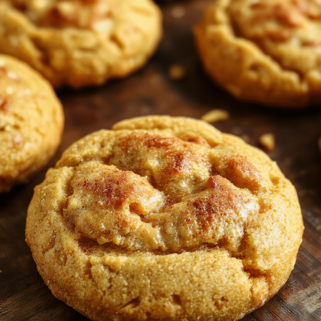 A golden-brown, chewy pumpkin snickerdoodle cookie sprinkled with cinnamon sugar, resting on a rustic wooden surface with a hint of melted brown butter visible, styled with autumn leaves and a warm background to evoke fall coziness.