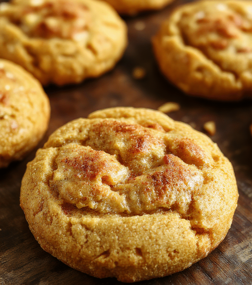 A golden-brown, chewy pumpkin snickerdoodle cookie sprinkled with cinnamon sugar, resting on a rustic wooden surface with a hint of melted brown butter visible, styled with autumn leaves and a warm background to evoke fall coziness.