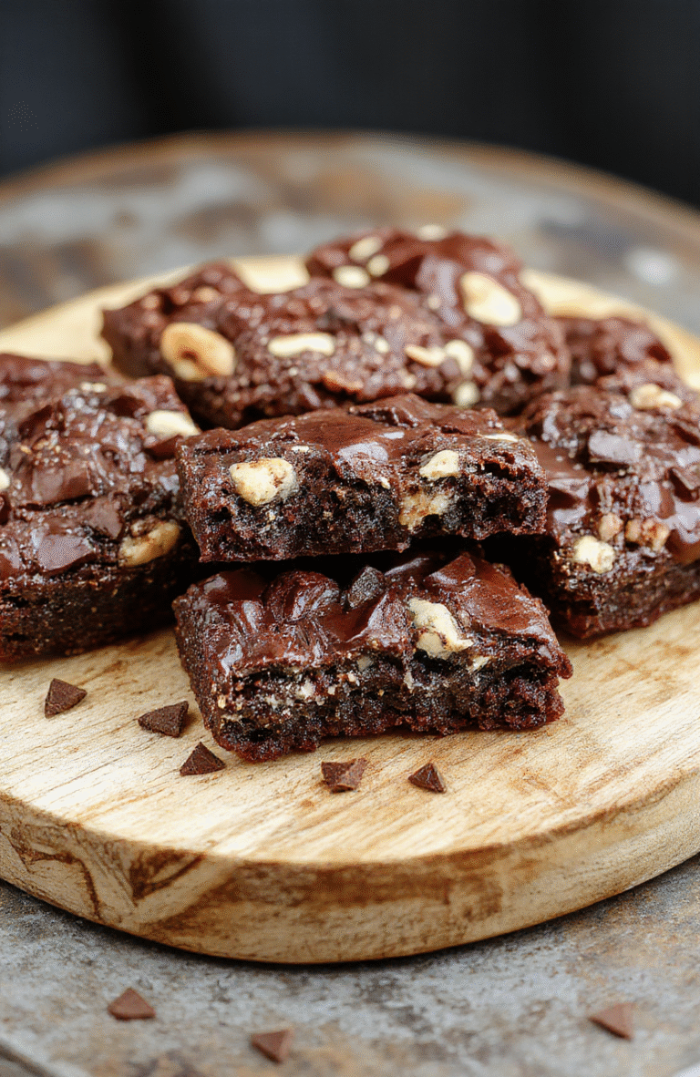 A close-up of a perfectly cut slice of fudgy, chewy brookies showing a marbled swirl of chocolate brownie and cookie dough, topped with a dusting of powdered sugar, styled on a rustic wooden board with natural lighting.