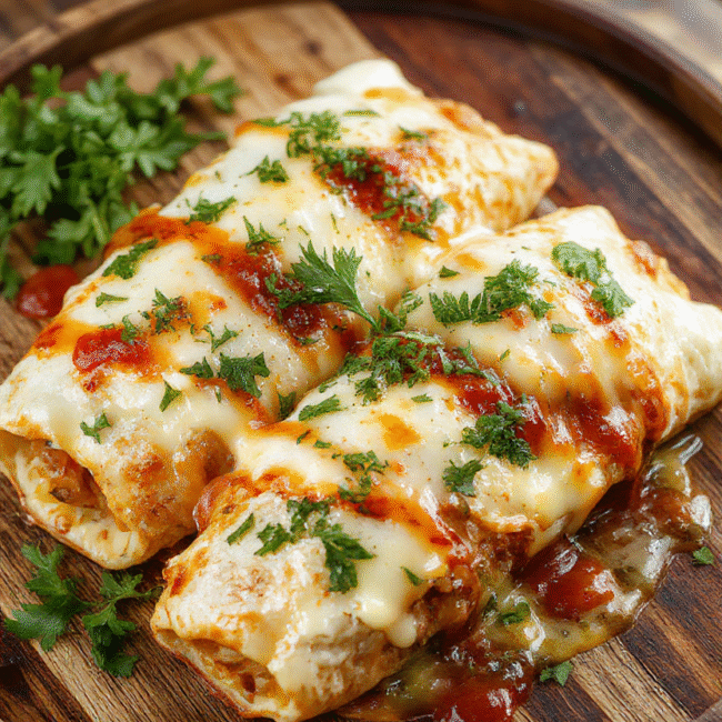 Colorful breakfast enchiladas arranged on a rustic wooden platter, topped with melted cheese, fresh herbs, and a drizzle of salsa. Soft tortillas filled with eggs, cheese, and savory fillings, garnished with chopped cilantro, with a vibrant background of breakfast ingredients and warm morning light.