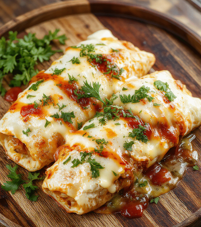Colorful breakfast enchiladas arranged on a rustic wooden platter, topped with melted cheese, fresh herbs, and a drizzle of salsa. Soft tortillas filled with eggs, cheese, and savory fillings, garnished with chopped cilantro, with a vibrant background of breakfast ingredients and warm morning light.