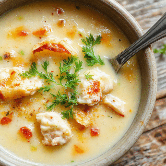 A warm bowl of chicken pot pie soup topped with shredded cheese, fresh herbs, and crispy pie crust pieces on a rustic wooden table, steaming and colorful.