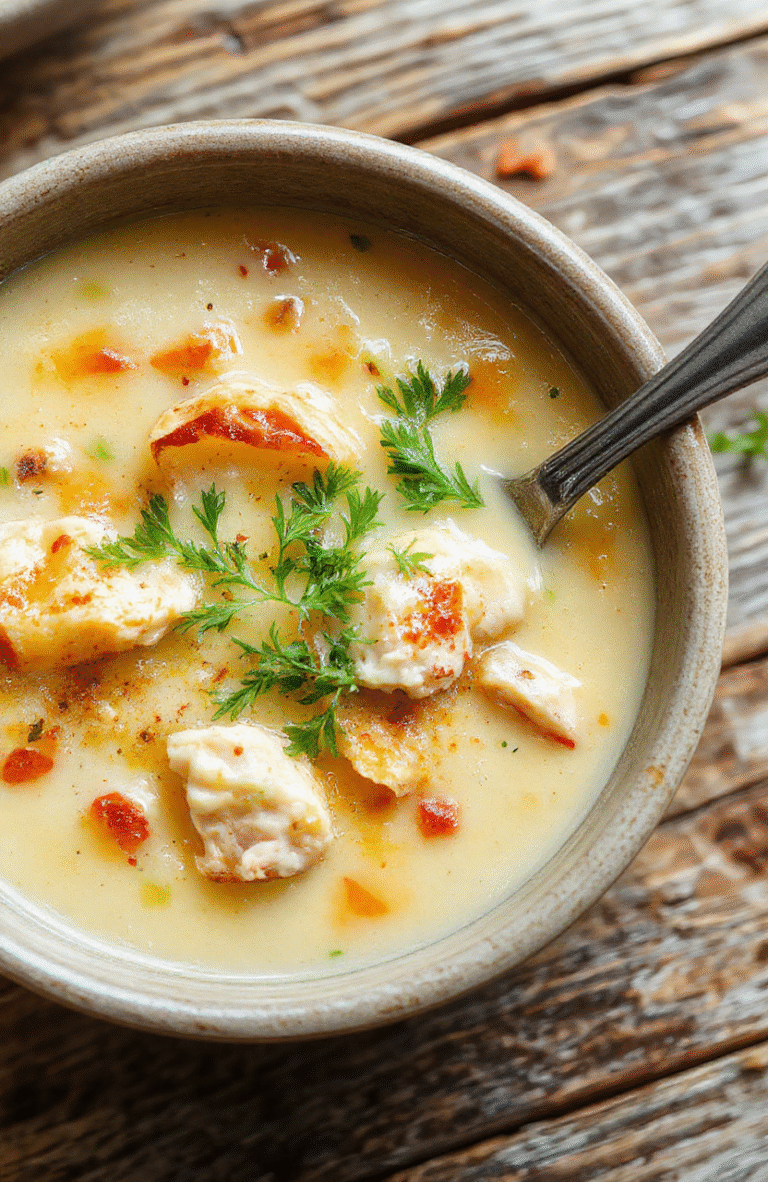 A warm bowl of chicken pot pie soup topped with shredded cheese, fresh herbs, and crispy pie crust pieces on a rustic wooden table, steaming and colorful.