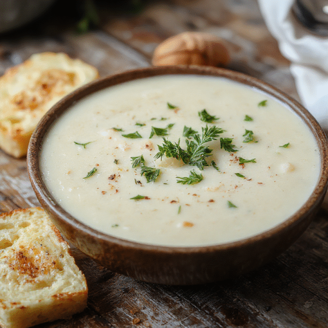 A bowl of creamy French garlic soup with golden toasted bread crumbs on top, garnished with fresh parsley, served in a rustic white bowl on a wooden table, with a spoon nearby, vibrant green herbs contrasting with the smooth pale soup, inviting and warm.