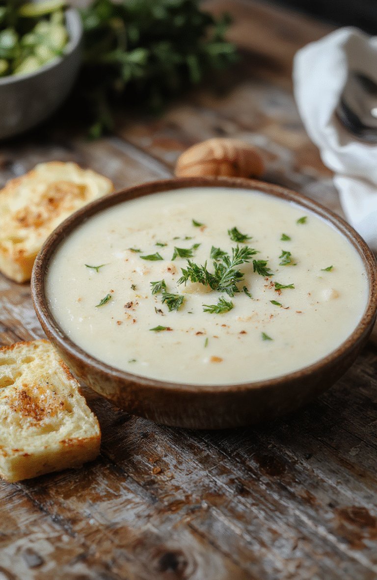 A bowl of creamy French garlic soup with golden toasted bread crumbs on top, garnished with fresh parsley, served in a rustic white bowl on a wooden table, with a spoon nearby, vibrant green herbs contrasting with the smooth pale soup, inviting and warm.