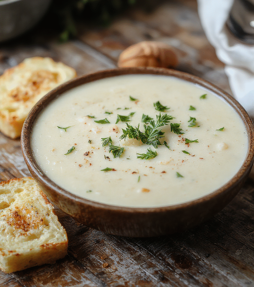 A bowl of creamy French garlic soup with golden toasted bread crumbs on top, garnished with fresh parsley, served in a rustic white bowl on a wooden table, with a spoon nearby, vibrant green herbs contrasting with the smooth pale soup, inviting and warm.