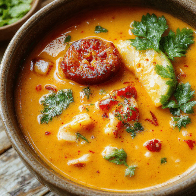 A vibrant bowl of Thai red curry noodle soup garnished with fresh basil and red chili slices, showcasing red, green, and creamy white colors on a rustic wooden table with steam rising, textures of tender noodles and spicy curry sauce highlighted.