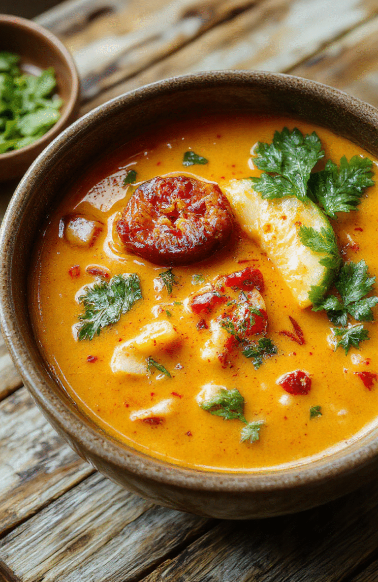 A vibrant bowl of Thai red curry noodle soup garnished with fresh basil and red chili slices, showcasing red, green, and creamy white colors on a rustic wooden table with steam rising, textures of tender noodles and spicy curry sauce highlighted.