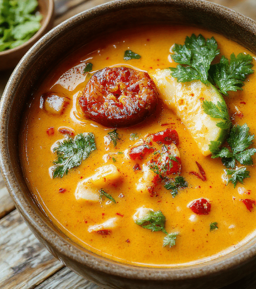 A vibrant bowl of Thai red curry noodle soup garnished with fresh basil and red chili slices, showcasing red, green, and creamy white colors on a rustic wooden table with steam rising, textures of tender noodles and spicy curry sauce highlighted.