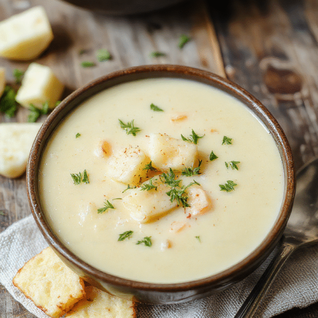 A creamy bowl of potato soup garnished with chopped green onions and shredded cheese, served on a rustic wooden table with a spoon and a bread roll nearby, warm and inviting colors, textures of the smooth soup and crumbled toppings visible