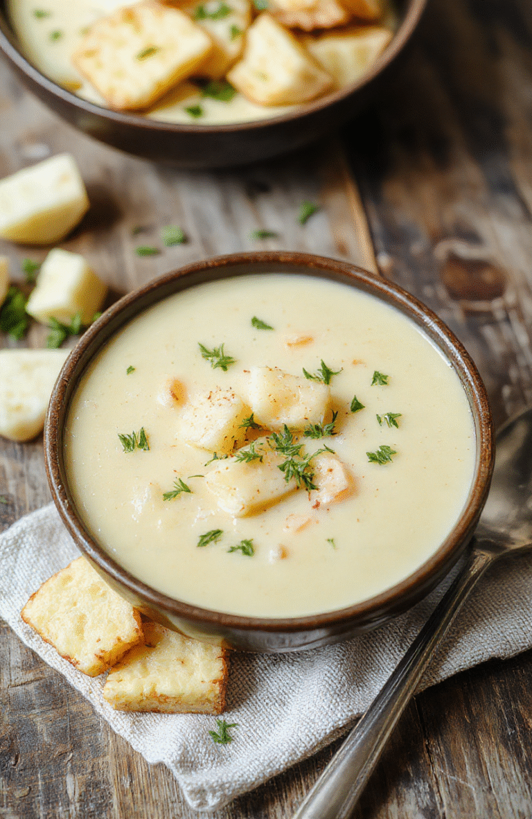 A creamy bowl of potato soup garnished with chopped green onions and shredded cheese, served on a rustic wooden table with a spoon and a bread roll nearby, warm and inviting colors, textures of the smooth soup and crumbled toppings visible