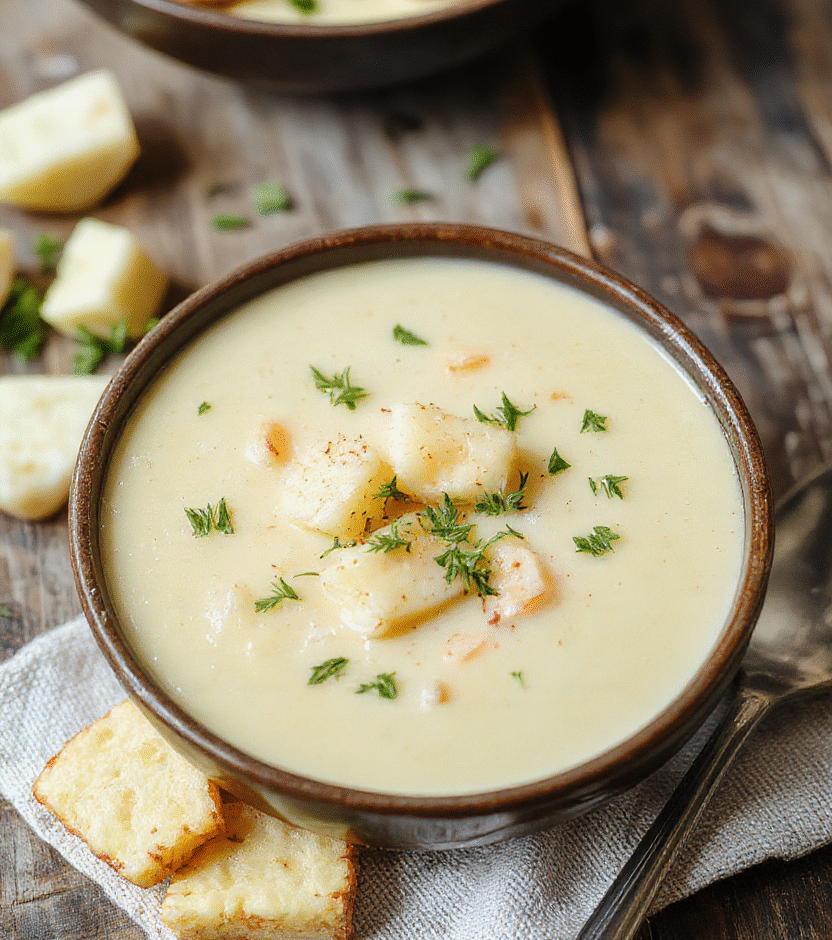 A creamy bowl of potato soup garnished with chopped green onions and shredded cheese, served on a rustic wooden table with a spoon and a bread roll nearby, warm and inviting colors, textures of the smooth soup and crumbled toppings visible