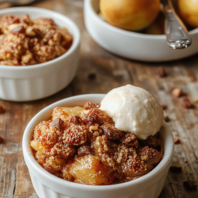 A rustic white bowl filled with warm apple crisp topped with golden brown oat streusel, surrounded by sliced fresh apples and cinnamon sticks on a wooden table, with soft natural daylight highlighting the textures and inviting autumn colors.
