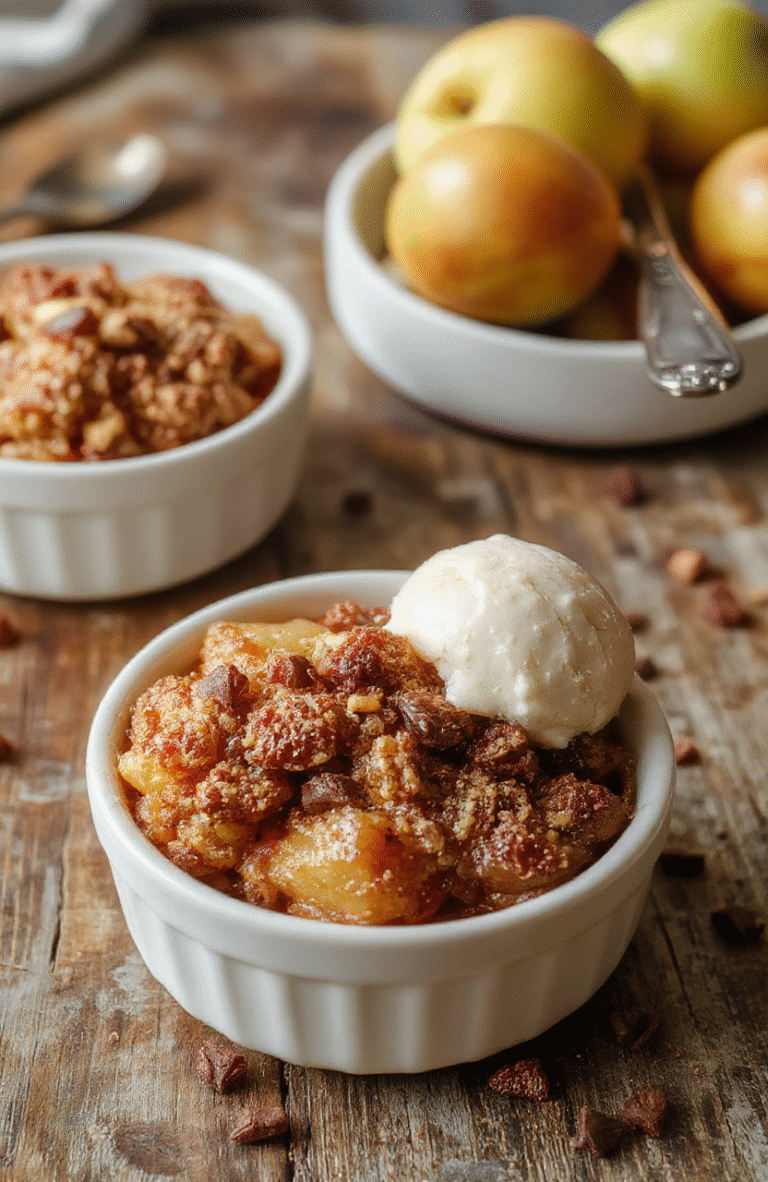 A rustic white bowl filled with warm apple crisp topped with golden brown oat streusel, surrounded by sliced fresh apples and cinnamon sticks on a wooden table, with soft natural daylight highlighting the textures and inviting autumn colors.