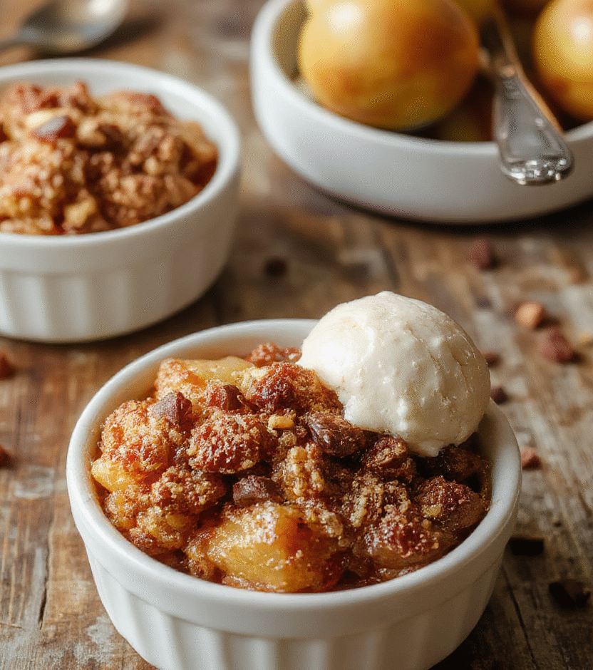 A rustic white bowl filled with warm apple crisp topped with golden brown oat streusel, surrounded by sliced fresh apples and cinnamon sticks on a wooden table, with soft natural daylight highlighting the textures and inviting autumn colors.