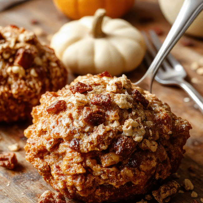 A warm, inviting bowl of pumpkin baked oatmeal topped with a sprinkle of cinnamon and a drizzle of honey, surrounded by fresh pumpkin slices and autumn leaves, styled on a rustic wooden table, with a cozy fall atmosphere and soft natural lighting.