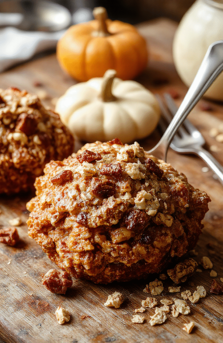 A warm, inviting bowl of pumpkin baked oatmeal topped with a sprinkle of cinnamon and a drizzle of honey, surrounded by fresh pumpkin slices and autumn leaves, styled on a rustic wooden table, with a cozy fall atmosphere and soft natural lighting.