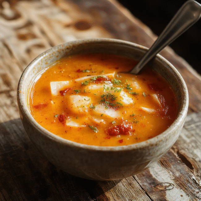 A warm bowl of French Onion Soup topped with melted cheese and crispy bread croutons, garnished with fresh thyme, served on a rustic wooden table with a cozy fall background.