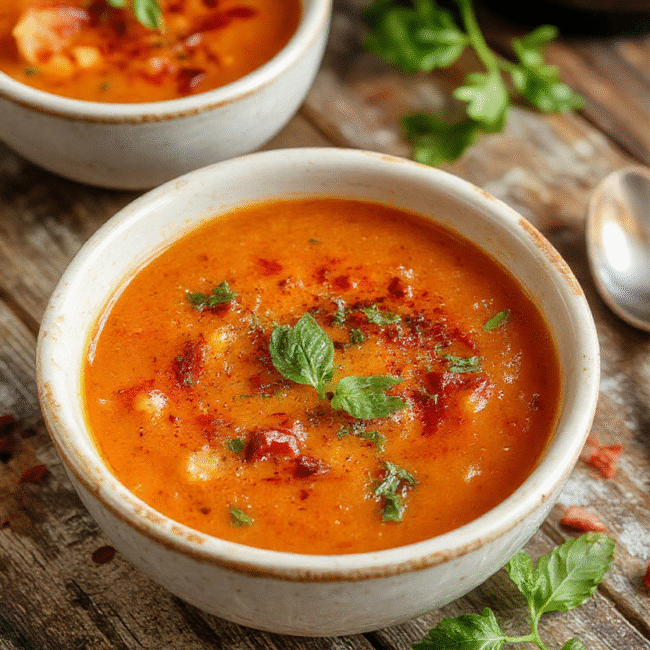 A vibrant bowl of roasted tomato basil soup with fresh basil leaves, drizzled with olive oil, served with a toasted baguette on a rustic wooden table, natural daylight highlighting the rich red and green colors, textures of creamy soup and crispy bread visible.