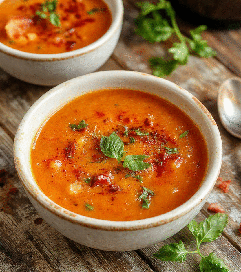 A vibrant bowl of roasted tomato basil soup with fresh basil leaves, drizzled with olive oil, served with a toasted baguette on a rustic wooden table, natural daylight highlighting the rich red and green colors, textures of creamy soup and crispy bread visible.