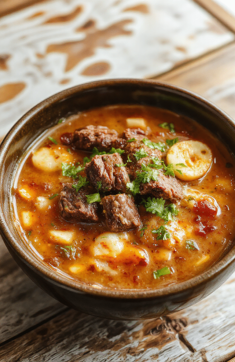 A bowl of steaming beef ramen with tender slices of beef, soft boiled eggs, green scallions, and noodles in a rich broth, styled on a rustic wooden table with chopsticks and a soft-focus background.