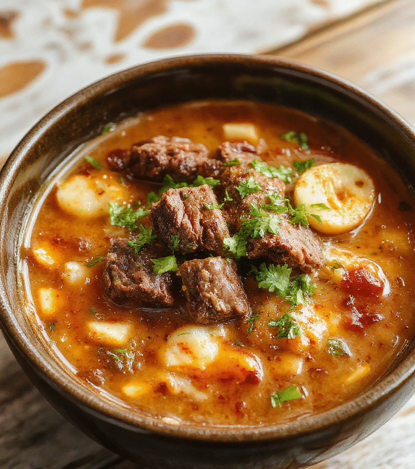 A bowl of steaming beef ramen with tender slices of beef, soft boiled eggs, green scallions, and noodles in a rich broth, styled on a rustic wooden table with chopsticks and a soft-focus background.