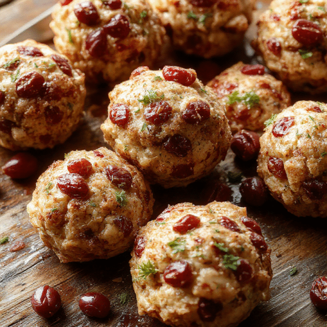 A close-up of golden-brown stuffing balls with visible cranberry bits, arranged on a white plate with a sprig of fresh herbs, surrounded by cranberries and parsley on a rustic wooden surface, styled for an inviting holiday appetizer presentation.