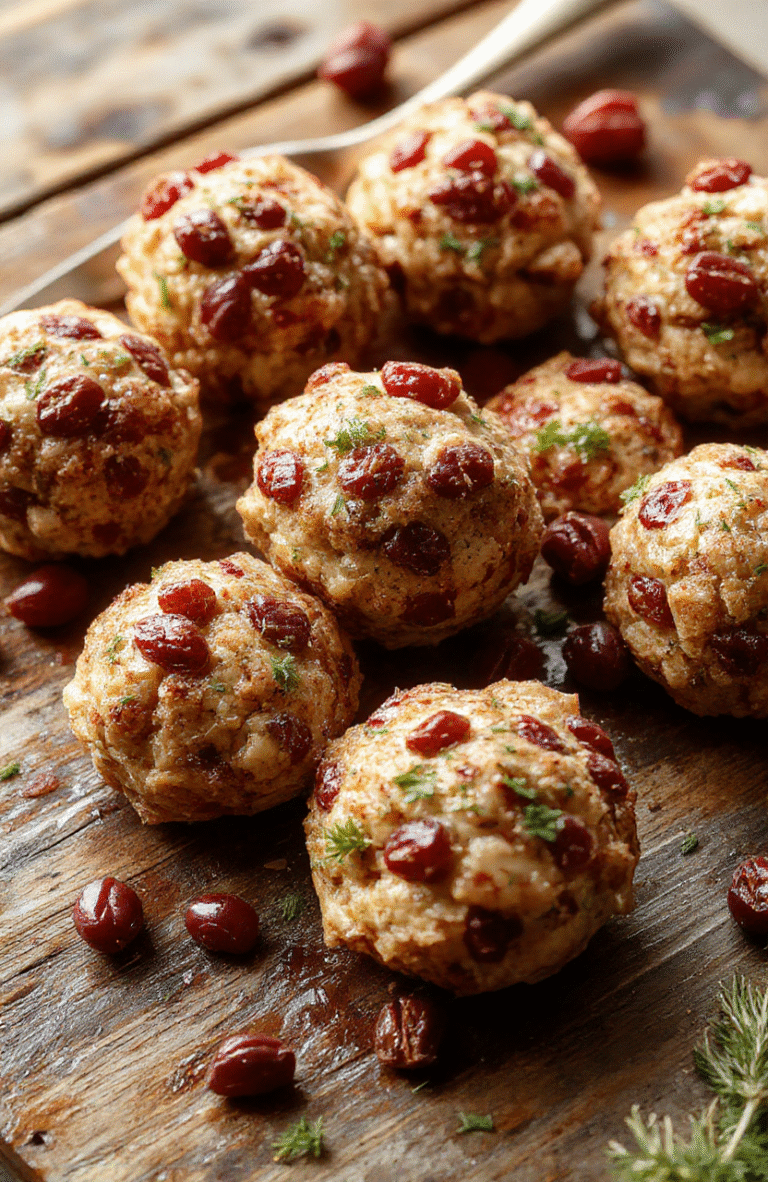A close-up of golden-brown stuffing balls with visible cranberry bits, arranged on a white plate with a sprig of fresh herbs, surrounded by cranberries and parsley on a rustic wooden surface, styled for an inviting holiday appetizer presentation.