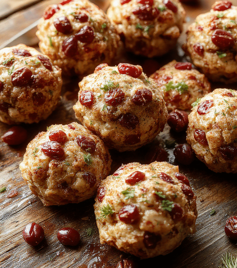 A close-up of golden-brown stuffing balls with visible cranberry bits, arranged on a white plate with a sprig of fresh herbs, surrounded by cranberries and parsley on a rustic wooden surface, styled for an inviting holiday appetizer presentation.