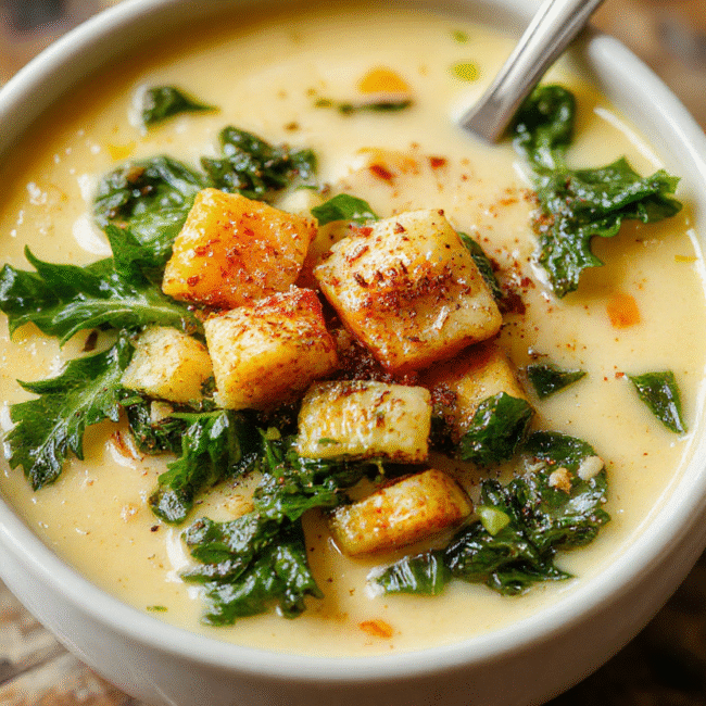 A vibrant bowl of creamy orange butternut squash soup topped with fresh kale leaves and a drizzle of olive oil, served in a rustic white bowl on a wooden table with a fall-themed background.