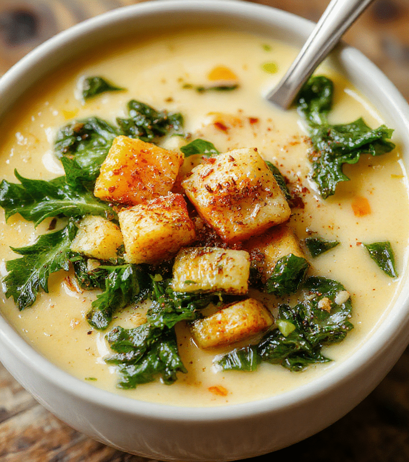 A vibrant bowl of creamy orange butternut squash soup topped with fresh kale leaves and a drizzle of olive oil, served in a rustic white bowl on a wooden table with a fall-themed background.