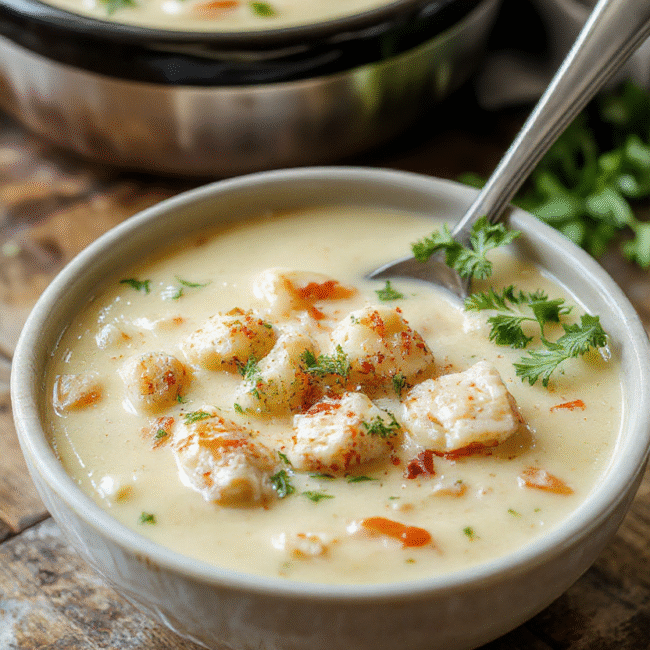 A vibrant bowl of creamy cheese and shredded chicken soup garnished with chopped green onions and crispy bacon crumbles, served on a rustic wooden table with a spoon resting beside it, illustrating a warm, inviting comfort food scene with a smooth, rich texture and cheesy appearance.