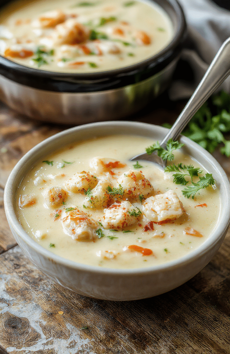 A vibrant bowl of creamy cheese and shredded chicken soup garnished with chopped green onions and crispy bacon crumbles, served on a rustic wooden table with a spoon resting beside it, illustrating a warm, inviting comfort food scene with a smooth, rich texture and cheesy appearance.