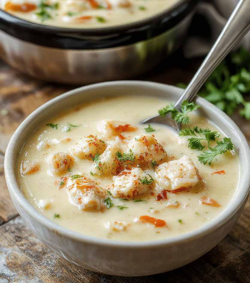 A vibrant bowl of creamy cheese and shredded chicken soup garnished with chopped green onions and crispy bacon crumbles, served on a rustic wooden table with a spoon resting beside it, illustrating a warm, inviting comfort food scene with a smooth, rich texture and cheesy appearance.