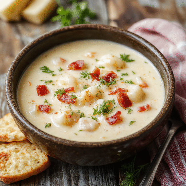 A vibrant bowl of creamy chicken bacon gnocchi soup garnished with fresh herbs and crispy bacon bits, served in a rustic white bowl on a wooden table, with steaming gnocchi, tender chicken, and rich creamy broth visible, styled simply for an inviting homemade look.
