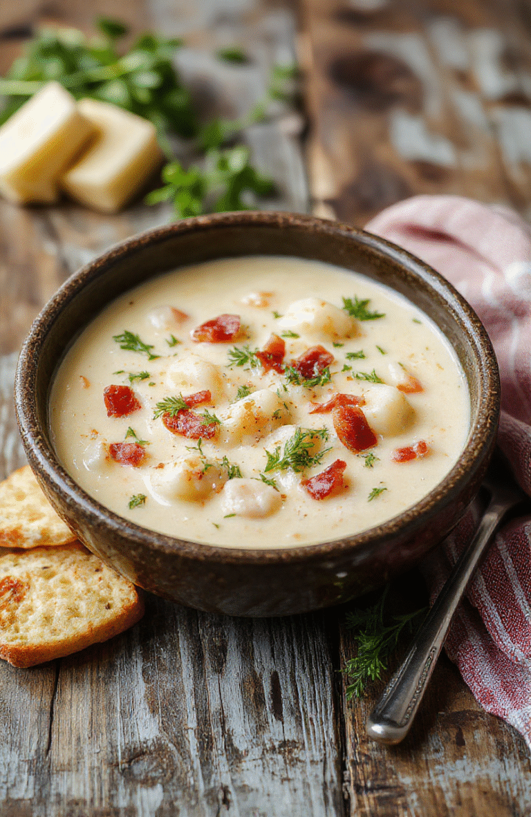 A vibrant bowl of creamy chicken bacon gnocchi soup garnished with fresh herbs and crispy bacon bits, served in a rustic white bowl on a wooden table, with steaming gnocchi, tender chicken, and rich creamy broth visible, styled simply for an inviting homemade look.