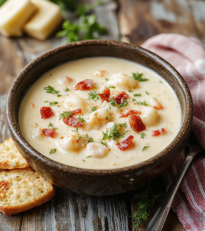 A vibrant bowl of creamy chicken bacon gnocchi soup garnished with fresh herbs and crispy bacon bits, served in a rustic white bowl on a wooden table, with steaming gnocchi, tender chicken, and rich creamy broth visible, styled simply for an inviting homemade look.