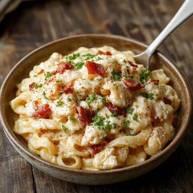A vibrant plate of creamy chicken bacon ranch pasta with tender pasta noodles topped with crispy bacon bits, sliced grilled chicken, chopped green herbs, and a drizzle of ranch sauce. The dish is presented on a rustic wooden table with fresh herbs and a fork, showcasing rich textures, colorful ingredients, and appealing presentation.