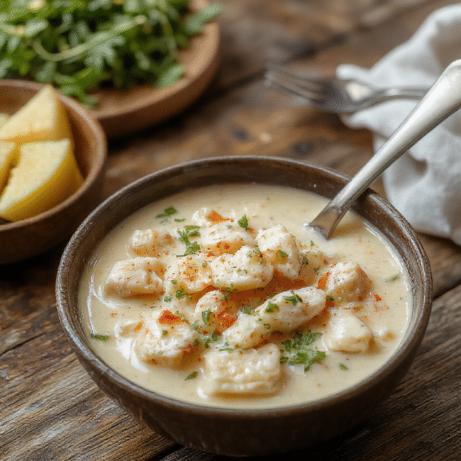 A vibrant bowl of creamy chicken pasta soup featuring tender shredded chicken, al dente pasta, and a rich, velvety broth topped with fresh herbs, served in a rustic ceramic bowl on a wooden table with a soft, cozy ambiance.