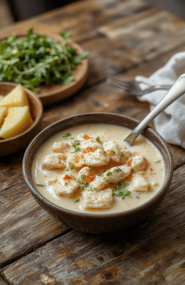 A vibrant bowl of creamy chicken pasta soup featuring tender shredded chicken, al dente pasta, and a rich, velvety broth topped with fresh herbs, served in a rustic ceramic bowl on a wooden table with a soft, cozy ambiance.
