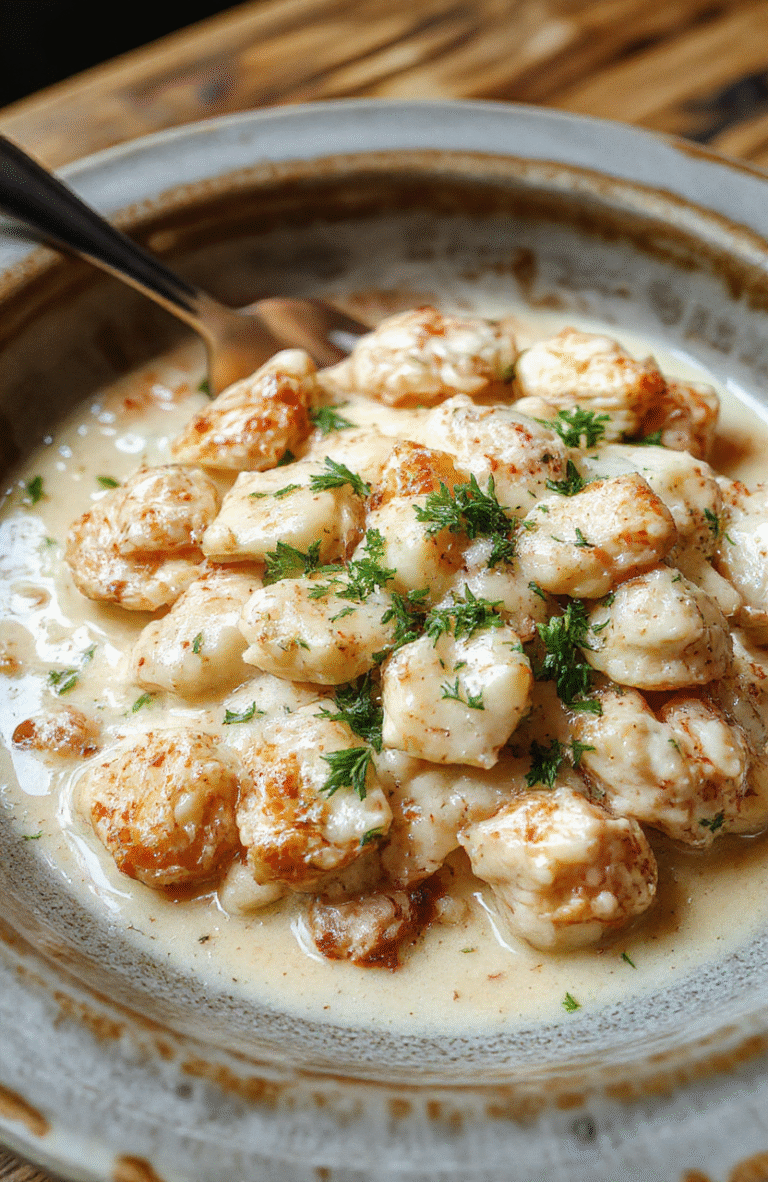 A bowl of creamy chicken and rice with tender shredded chicken pieces on top, served in a rustic ceramic dish. The rice is fluffy and coated with a rich, creamy sauce. Garnished with fresh herbs and served with a spoon, set on a wooden table with a neutral background, emphasizing the cozy, comforting appeal of the dish.