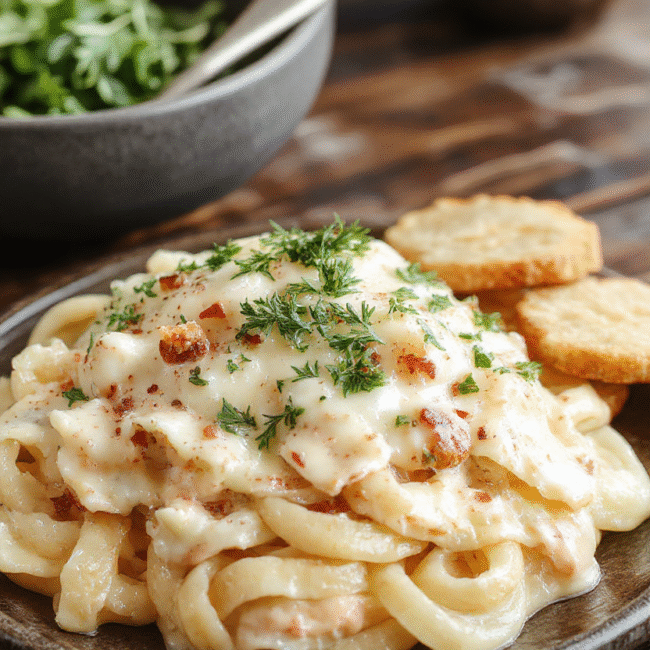 A bowl of rich, creamy fettuccine Alfredo topped with freshly chopped parsley, served on a rustic wooden table with a side of garlic bread, showcasing smooth, glossy pasta coated in velvety white sauce, with a sprinkle of black pepper for contrast, styled simply with natural daylight highlighting textures.