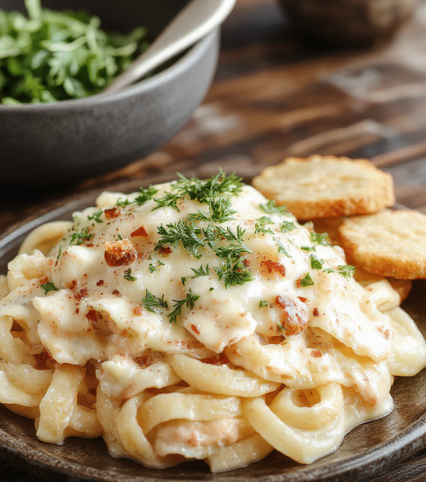 A bowl of rich, creamy fettuccine Alfredo topped with freshly chopped parsley, served on a rustic wooden table with a side of garlic bread, showcasing smooth, glossy pasta coated in velvety white sauce, with a sprinkle of black pepper for contrast, styled simply with natural daylight highlighting textures.