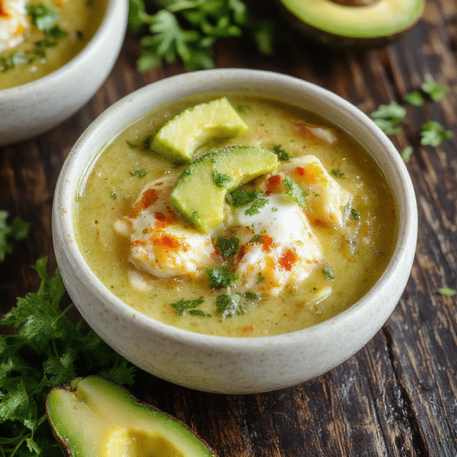 A steaming bowl of creamy green enchiladas chicken soup garnished with fresh cilantro, slices of avocado, and a swirl of sour cream, served in a rustic white bowl on a wooden surface with a vibrant green backdrop and textured napkin.