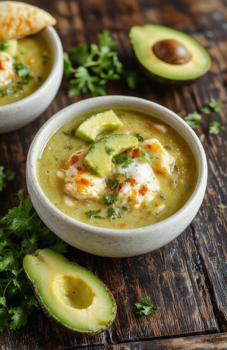A steaming bowl of creamy green enchiladas chicken soup garnished with fresh cilantro, slices of avocado, and a swirl of sour cream, served in a rustic white bowl on a wooden surface with a vibrant green backdrop and textured napkin.