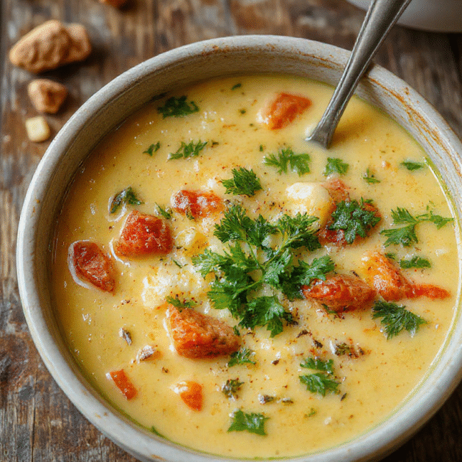 A vibrant bowl of creamy vegetable soup topped with fresh herbs, surrounded by colorful vegetables like carrots, celery, and zucchini on a rustic wooden table, with a spoon resting beside it, styled simply and invitingly.