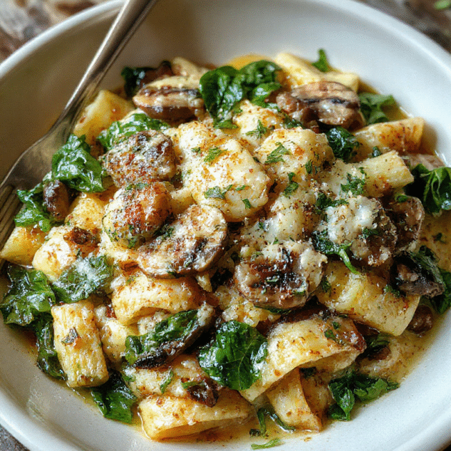 A vibrant plate of creamy Parmesan spinach mushroom pasta on a rustic wooden table, showcasing tender pasta mixed with wilted spinach, sautéed mushrooms, and a generous drizzle of creamy sauce, styled with fresh herbs and grated Parmesan, with a soft focus background.
