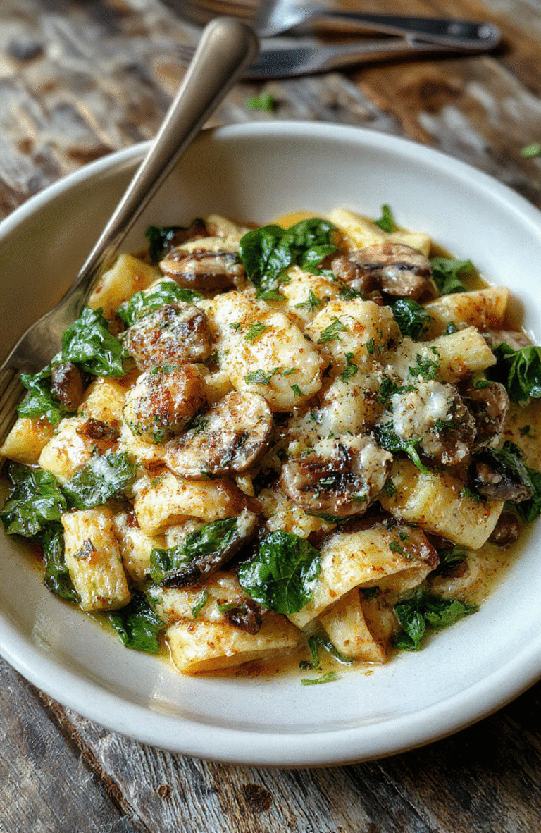 A vibrant plate of creamy Parmesan spinach mushroom pasta on a rustic wooden table, showcasing tender pasta mixed with wilted spinach, sautéed mushrooms, and a generous drizzle of creamy sauce, styled with fresh herbs and grated Parmesan, with a soft focus background.