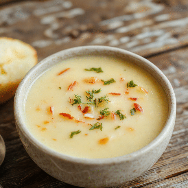 A vibrant bowl of creamy potato soup topped with chopped chives and shredded cheese, served in a rustic white bowl on a wooden table, with a spoon and fresh ingredients around, capturing a warm, inviting atmosphere.