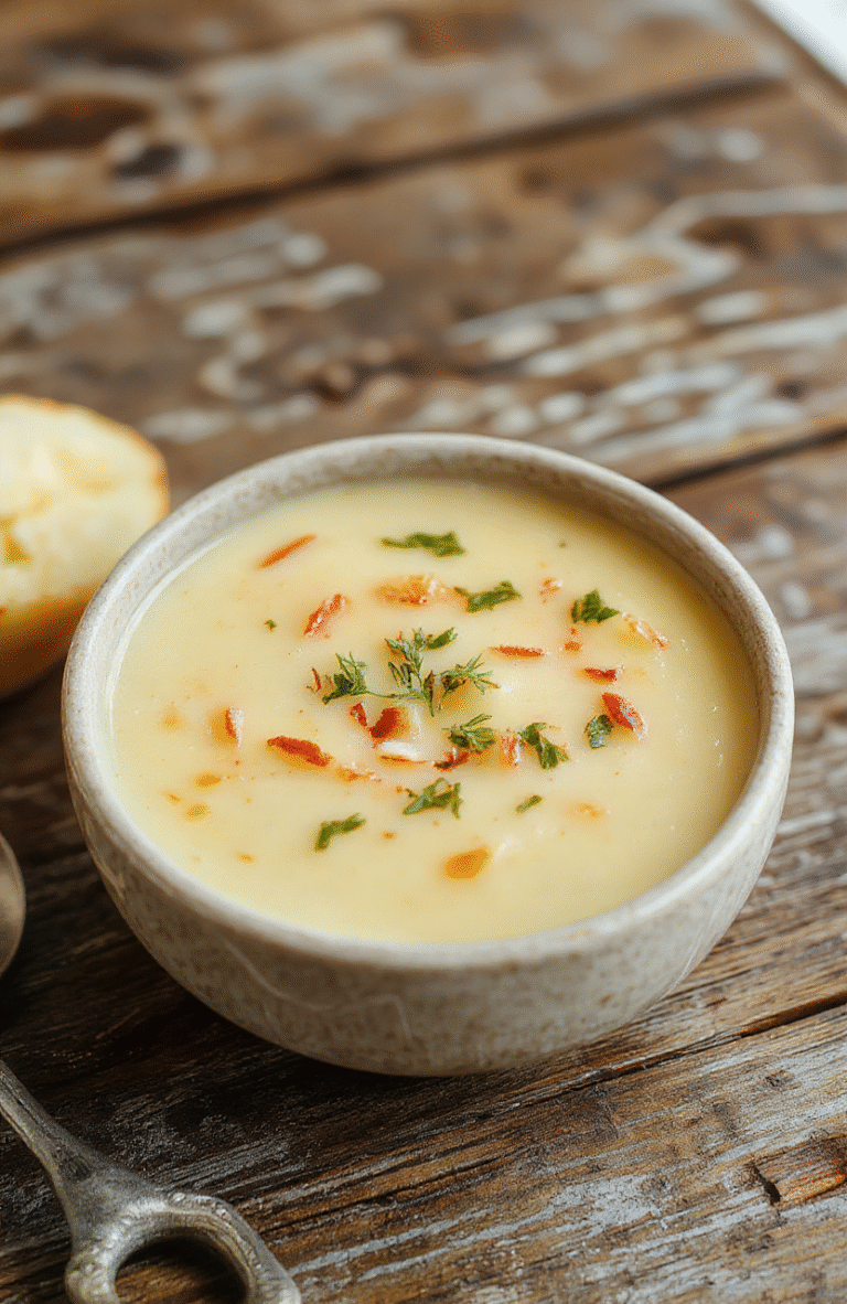 A vibrant bowl of creamy potato soup topped with chopped chives and shredded cheese, served in a rustic white bowl on a wooden table, with a spoon and fresh ingredients around, capturing a warm, inviting atmosphere.